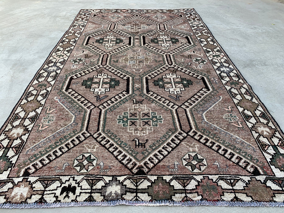 Handmade Persian Wool Area Rug 7x10 - Taupe Geometric Tribal Persian Style Rug with Ivory Border - Exact Size 9'8" x 5'6" - KBHM-831