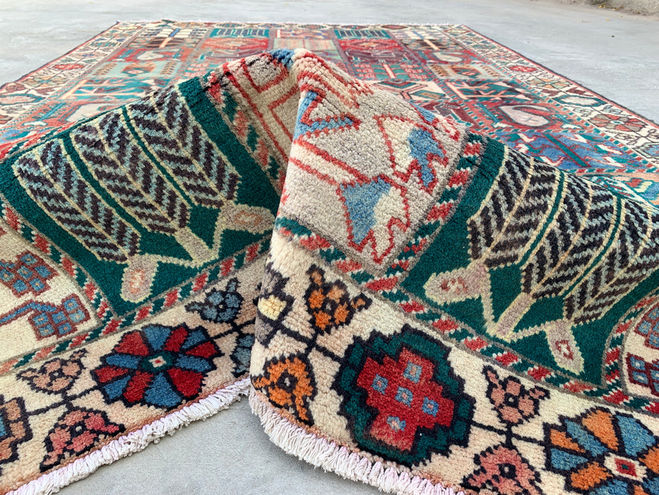 9'4 x 5'9 Hand-Knotted Persian Wool Rug - Ivory Panel Design with Turquoise & Rust Accents - KBHM-833