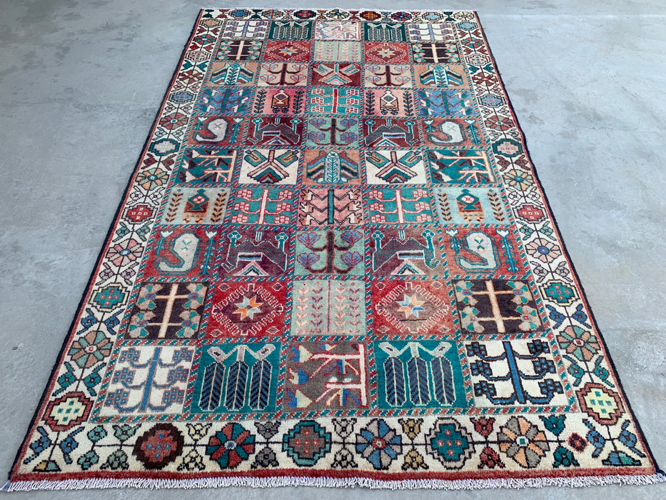 9'4 x 5'9 Hand-Knotted Persian Wool Rug - Ivory Panel Design with Turquoise & Rust Accents - KBHM-833