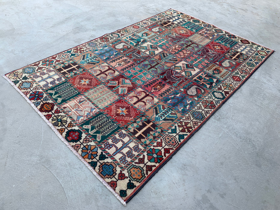 9'4 x 5'9 Hand-Knotted Persian Wool Rug - Ivory Panel Design with Turquoise & Rust Accents - KBHM-833