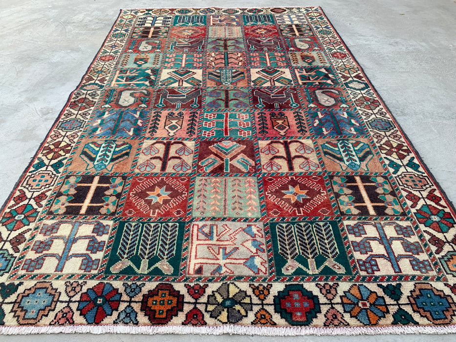 9'4 x 5'9 Hand-Knotted Persian Wool Rug - Ivory Panel Design with Turquoise & Rust Accents - KBHM-833