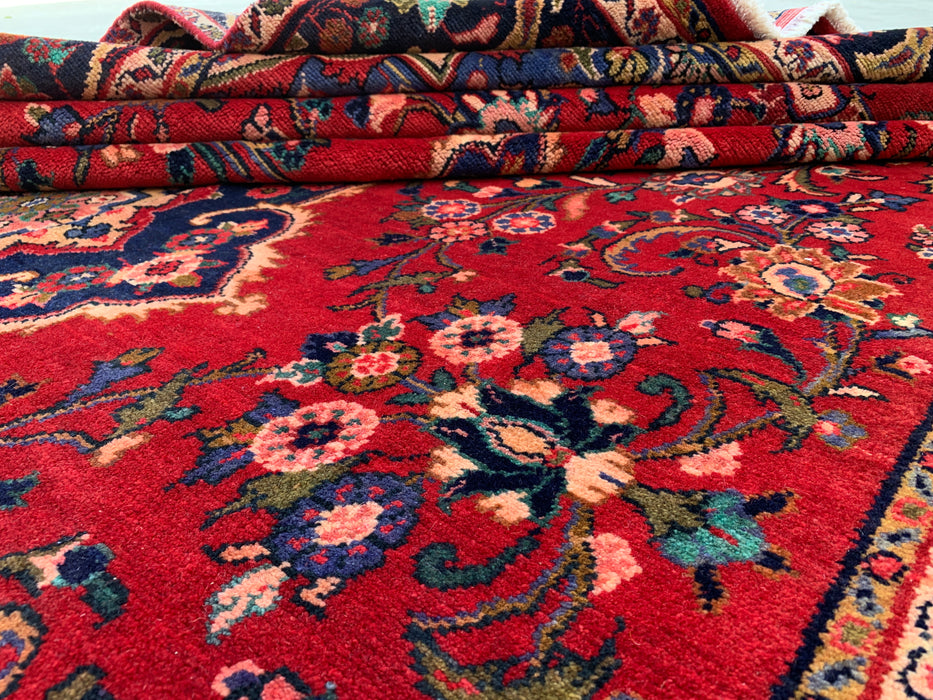 Handmade Persian Wool Area Rug 7x10 - Red Floral Medallion Persian Style Rug with Navy Border - Exact Size 11'4" x 6'4" - KBHM-834