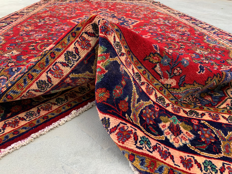 Handmade Persian Wool Area Rug 7x10 - Red Floral Medallion Persian Style Rug with Navy Border - Exact Size 11'4" x 6'4" - KBHM-834