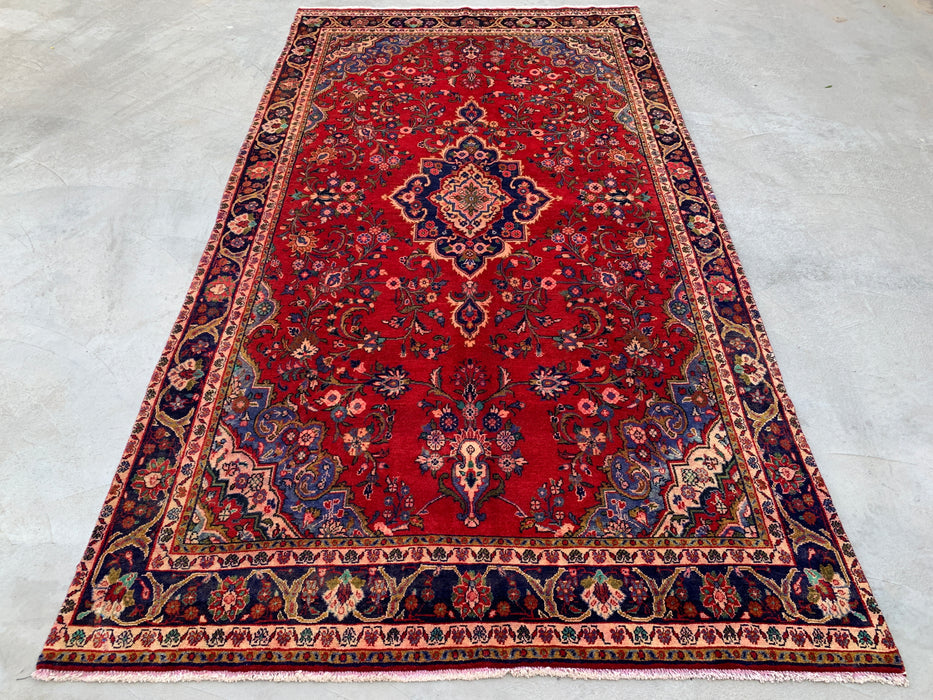 Handmade Persian Wool Area Rug 7x10 - Red Floral Medallion Persian Style Rug with Navy Border - Exact Size 11'4" x 6'4" - KBHM-834