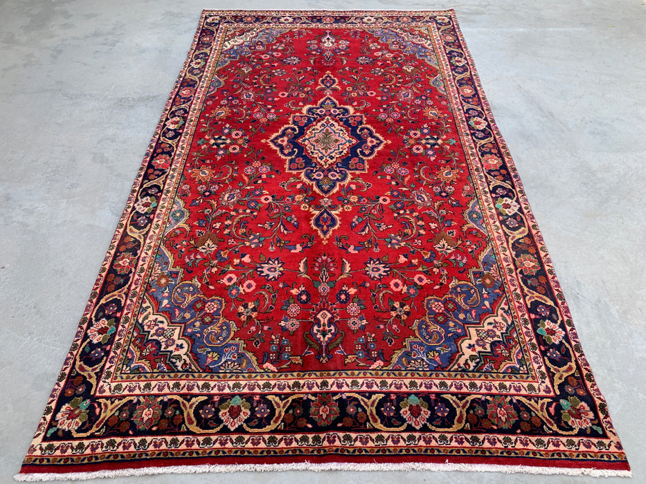 Handmade Persian Wool Area Rug 7x10 - Red Floral Medallion Persian Style Rug with Navy Border - Exact Size 11'4" x 6'4" - KBHM-834