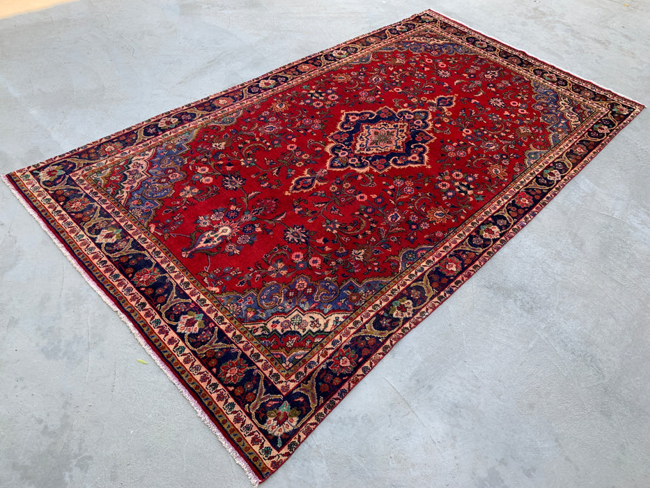 Handmade Persian Wool Area Rug 7x10 - Red Floral Medallion Persian Style Rug with Navy Border - Exact Size 11'4" x 6'4" - KBHM-834