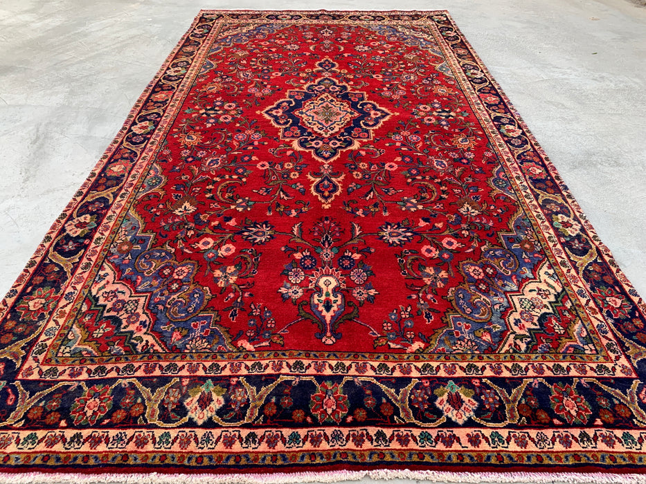 Handmade Persian Wool Area Rug 7x10 - Red Floral Medallion Persian Style Rug with Navy Border - Exact Size 11'4" x 6'4" - KBHM-834