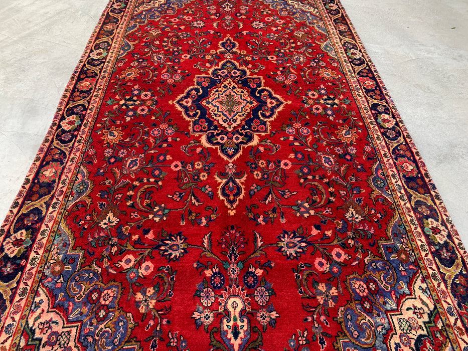 Handmade Persian Wool Area Rug 7x10 - Red Floral Medallion Persian Style Rug with Navy Border - Exact Size 11'4" x 6'4" - KBHM-834