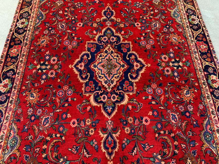 Handmade Persian Wool Area Rug 7x10 - Red Floral Medallion Persian Style Rug with Navy Border - Exact Size 11'4" x 6'4" - KBHM-834