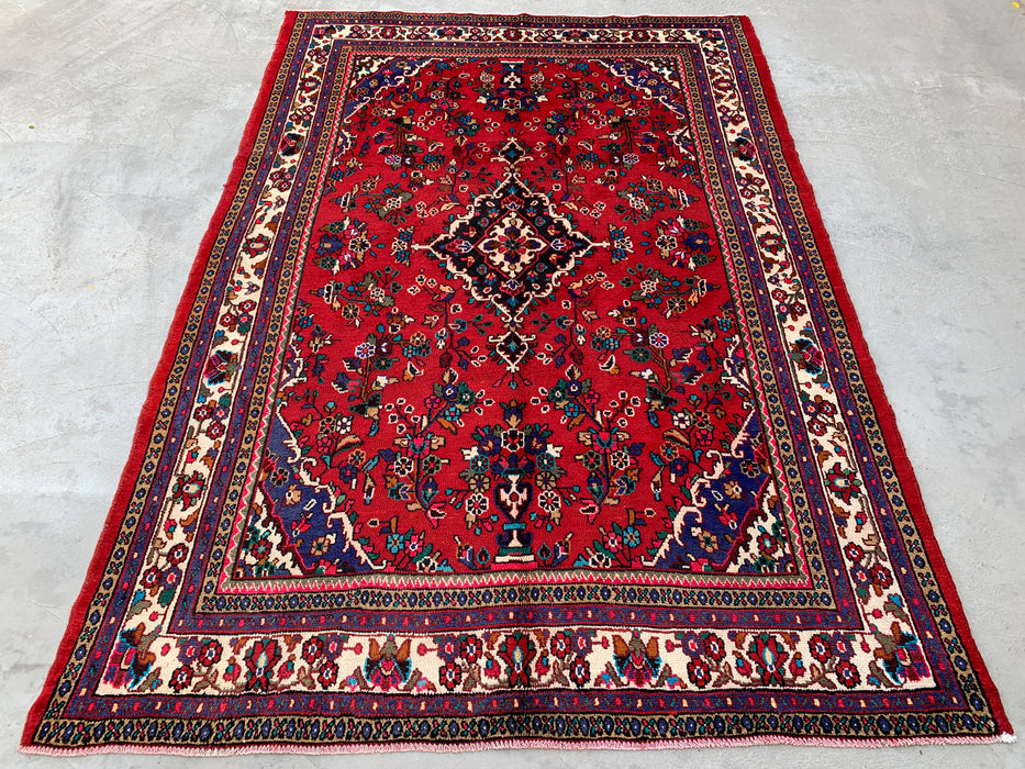 Handmade Persian Wool Area Rug 7x10 - Red Floral Medallion Persian Style Rug with Ivory Border - Exact Size 10'1" x 6'11" - KBHM-836