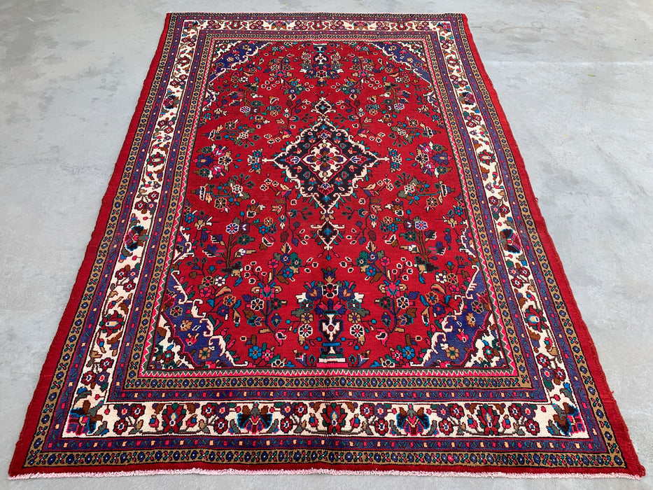 Handmade Persian Wool Area Rug 7x10 - Red Floral Medallion Persian Style Rug with Ivory Border - Exact Size 10'1" x 6'11" - KBHM-836