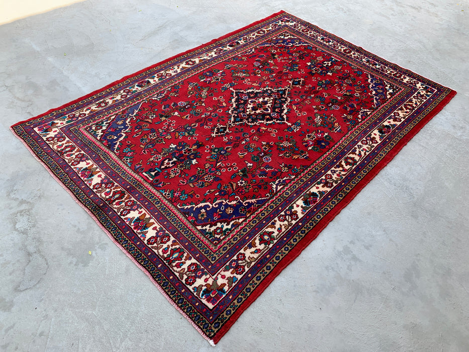 Handmade Persian Wool Area Rug 7x10 - Red Floral Medallion Persian Style Rug with Ivory Border - Exact Size 10'1" x 6'11" - KBHM-836