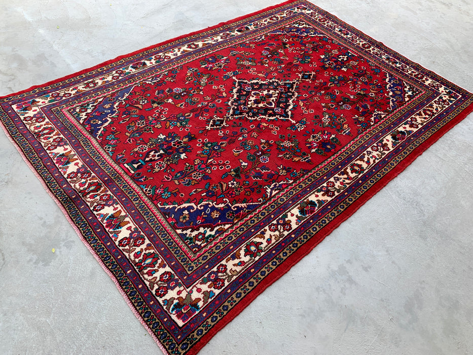 Handmade Persian Wool Area Rug 7x10 - Red Floral Medallion Persian Style Rug with Ivory Border - Exact Size 10'1" x 6'11" - KBHM-836