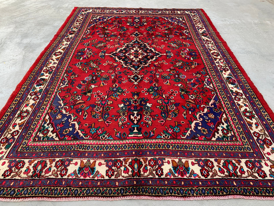 Handmade Persian Wool Area Rug 7x10 - Red Floral Medallion Persian Style Rug with Ivory Border - Exact Size 10'1" x 6'11" - KBHM-836