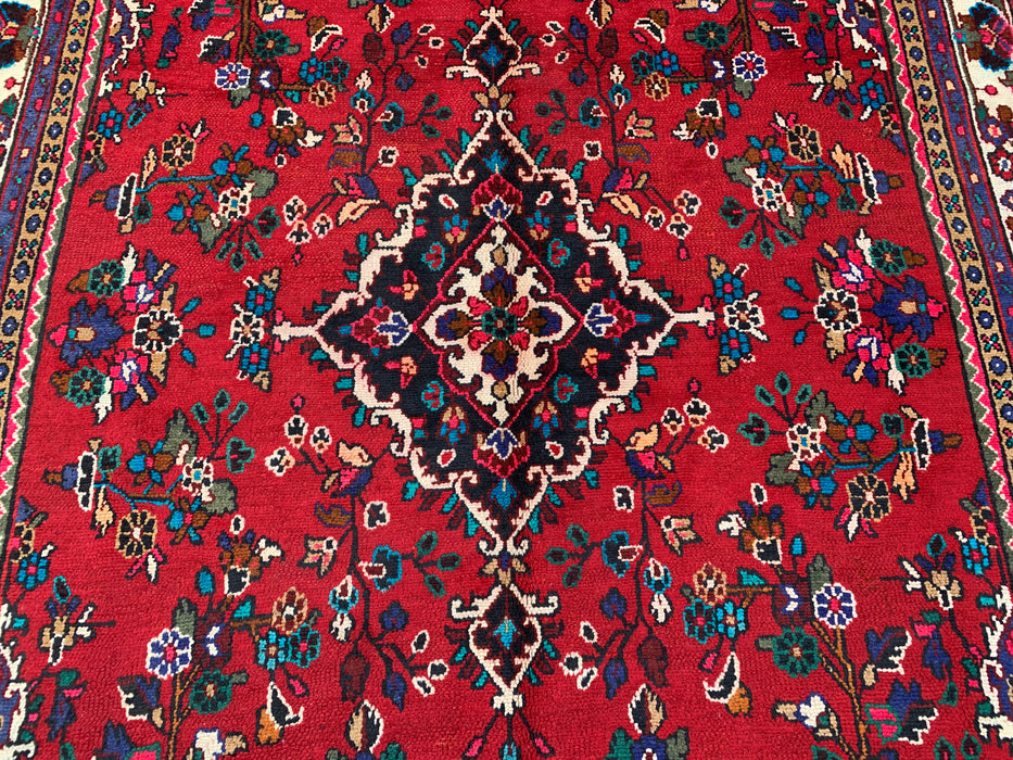 Handmade Persian Wool Area Rug 7x10 - Red Floral Medallion Persian Style Rug with Ivory Border - Exact Size 10'1" x 6'11" - KBHM-836