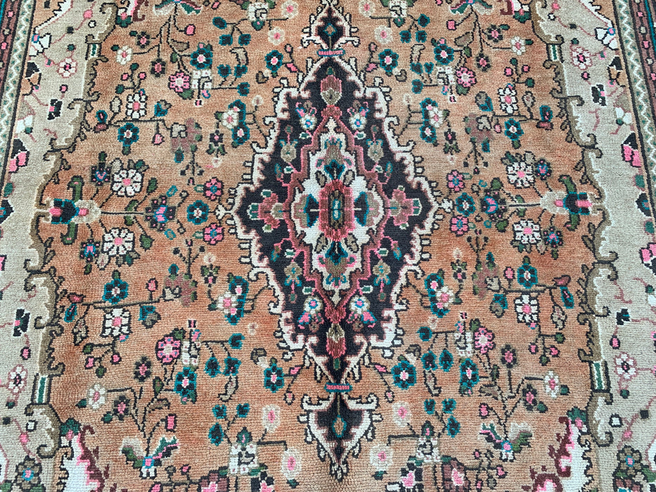 Handmade Persian Wool Area Rug 7x10 - Beige Floral Medallion Persian Style Rug with Ivory Border - Exact Size 9'2" x 6'11" - KBHM-837