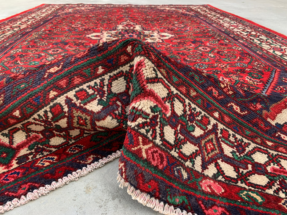 Handmade Persian Wool Area Rug 7x10 - Red Medallion Persian Style Rug with Ivory Border - Exact Size 10'5" x 7'0" - KBHM-838