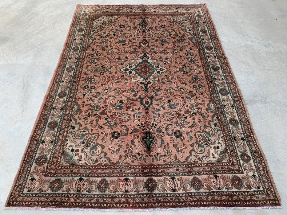 Handmade Persian Wool Area Rug 7x10 - Blush Beige Floral Medallion Persian Style Rug with Ivory Border - Exact Size 9'6" x 6'7" - KBHM-839