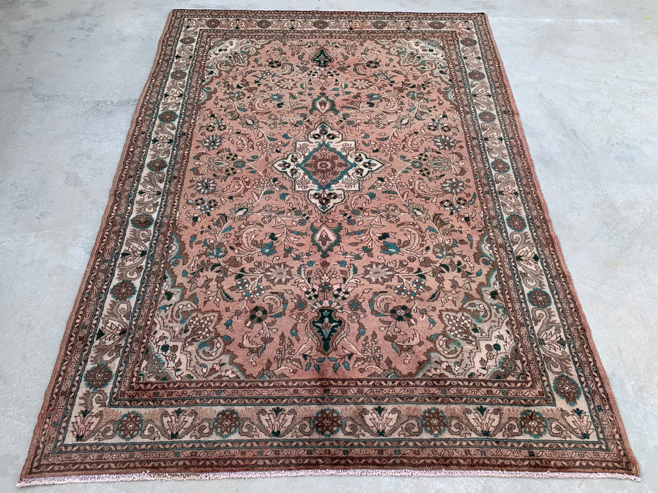 Handmade Persian Wool Area Rug 7x10 - Blush Beige Floral Medallion Persian Style Rug with Ivory Border - Exact Size 9'6" x 6'7" - KBHM-839