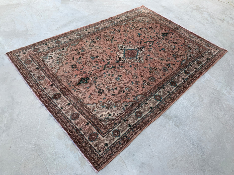Handmade Persian Wool Area Rug 7x10 - Blush Beige Floral Medallion Persian Style Rug with Ivory Border - Exact Size 9'6" x 6'7" - KBHM-839