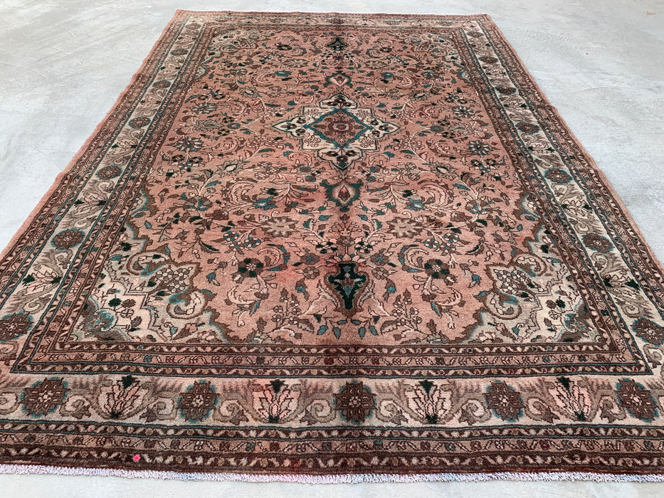 Handmade Persian Wool Area Rug 7x10 - Blush Beige Floral Medallion Persian Style Rug with Ivory Border - Exact Size 9'6" x 6'7" - KBHM-839