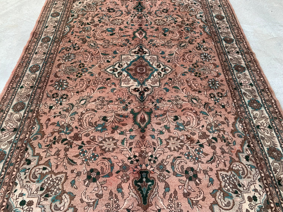 Handmade Persian Wool Area Rug 7x10 - Blush Beige Floral Medallion Persian Style Rug with Ivory Border - Exact Size 9'6" x 6'7" - KBHM-839