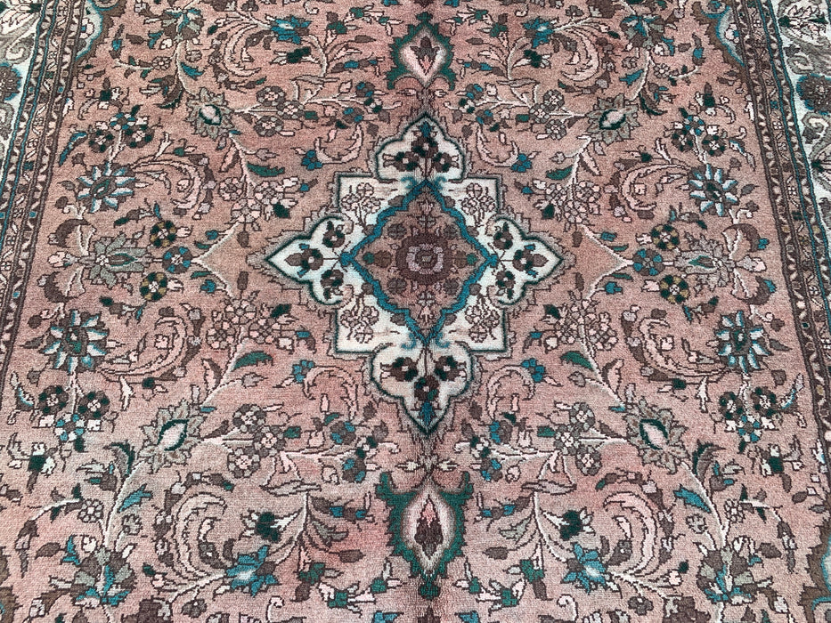 Handmade Persian Wool Area Rug 7x10 - Blush Beige Floral Medallion Persian Style Rug with Ivory Border - Exact Size 9'6" x 6'7" - KBHM-839