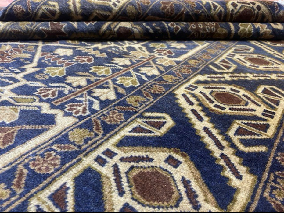 3’9” x 6’8” Hand-Knotted Tribal Wool Rug – Navy & Beige Geometric Pattern