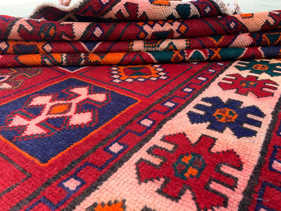 9'5 x 4'9 Hand-Knotted Persian Wool Rug - Red Geometric Tribal Panel Design - KBHM-840