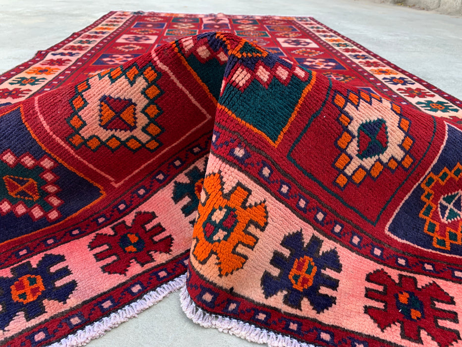 9'5 x 4'9 Hand-Knotted Persian Wool Rug - Red Geometric Tribal Panel Design - KBHM-840