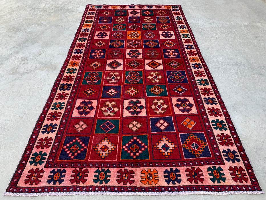 9'5 x 4'9 Hand-Knotted Persian Wool Rug - Red Geometric Tribal Panel Design - KBHM-840
