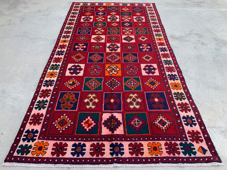 9'5 x 4'9 Hand-Knotted Persian Wool Rug - Red Geometric Tribal Panel Design - KBHM-840