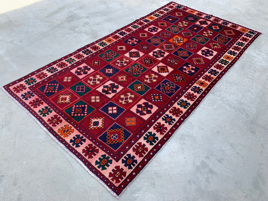 9'5 x 4'9 Hand-Knotted Persian Wool Rug - Red Geometric Tribal Panel Design - KBHM-840