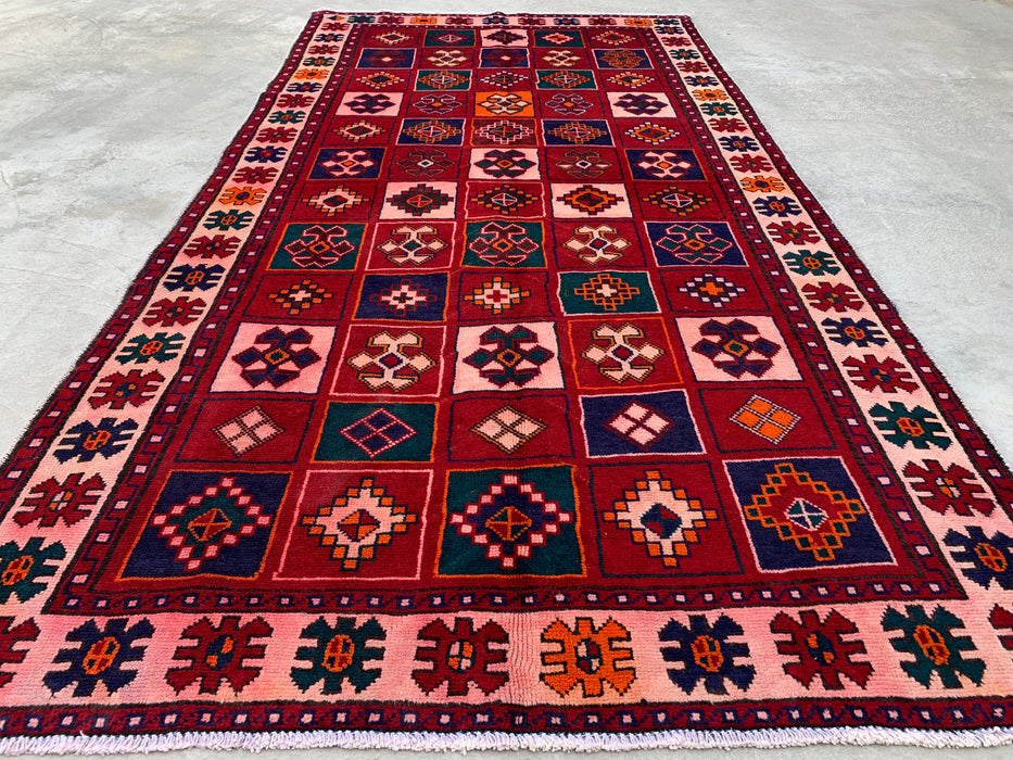 9'5 x 4'9 Hand-Knotted Persian Wool Rug - Red Geometric Tribal Panel Design - KBHM-840