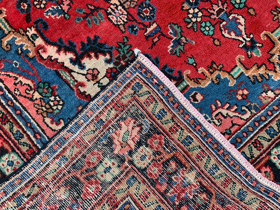 Handmade Persian Wool Area Rug 7x10 - Red Floral Medallion Persian Style Rug with Blue Border - Exact Size 9'11" x 7'0" - KBHM-841