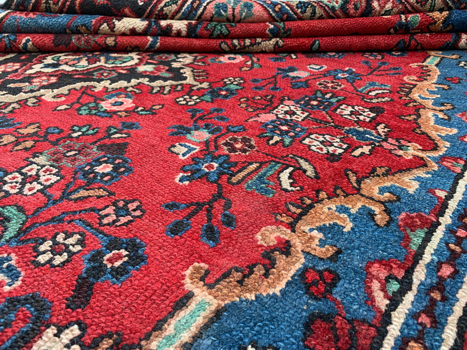 Handmade Persian Wool Area Rug 7x10 - Red Floral Medallion Persian Style Rug with Blue Border - Exact Size 9'11" x 7'0" - KBHM-841