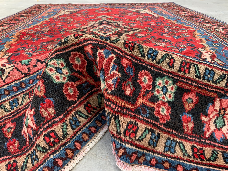 Handmade Persian Wool Area Rug 7x10 - Red Floral Medallion Persian Style Rug with Blue Border - Exact Size 9'11" x 7'0" - KBHM-841