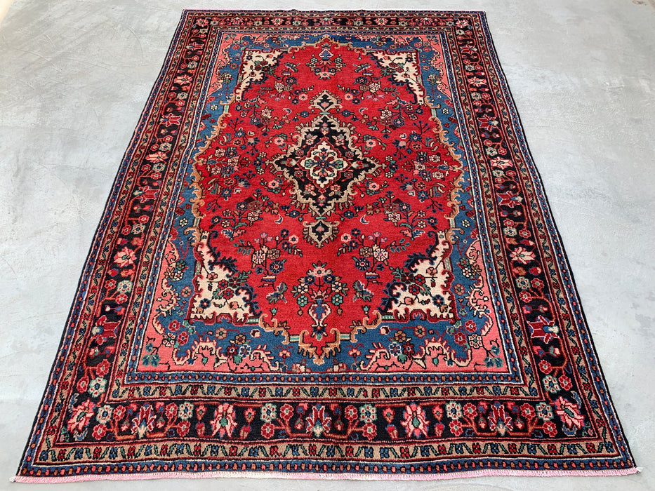 Handmade Persian Wool Area Rug 7x10 - Red Floral Medallion Persian Style Rug with Blue Border - Exact Size 9'11" x 7'0" - KBHM-841