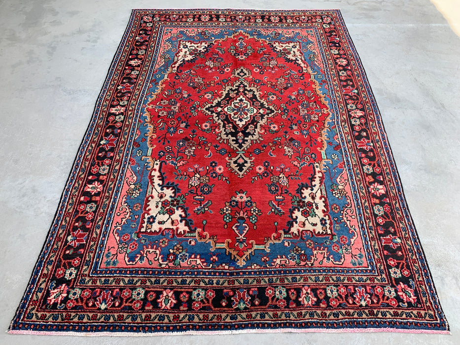 Handmade Persian Wool Area Rug 7x10 - Red Floral Medallion Persian Style Rug with Blue Border - Exact Size 9'11" x 7'0" - KBHM-841