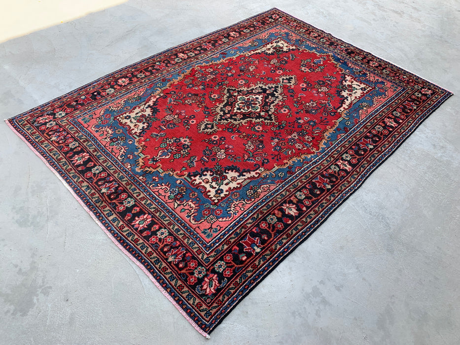 Handmade Persian Wool Area Rug 7x10 - Red Floral Medallion Persian Style Rug with Blue Border - Exact Size 9'11" x 7'0" - KBHM-841