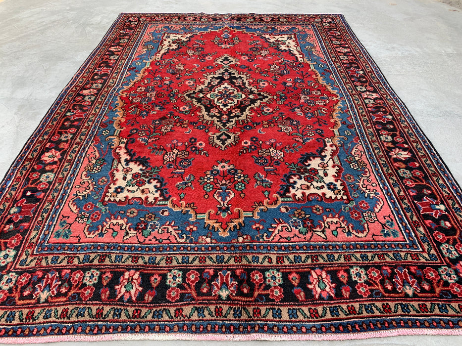 Handmade Persian Wool Area Rug 7x10 - Red Floral Medallion Persian Style Rug with Blue Border - Exact Size 9'11" x 7'0" - KBHM-841