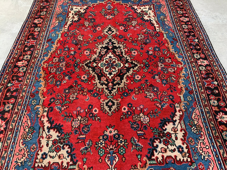 Handmade Persian Wool Area Rug 7x10 - Red Floral Medallion Persian Style Rug with Blue Border - Exact Size 9'11" x 7'0" - KBHM-841