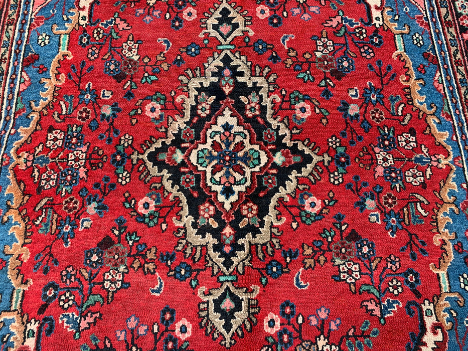 Handmade Persian Wool Area Rug 7x10 - Red Floral Medallion Persian Style Rug with Blue Border - Exact Size 9'11" x 7'0" - KBHM-841