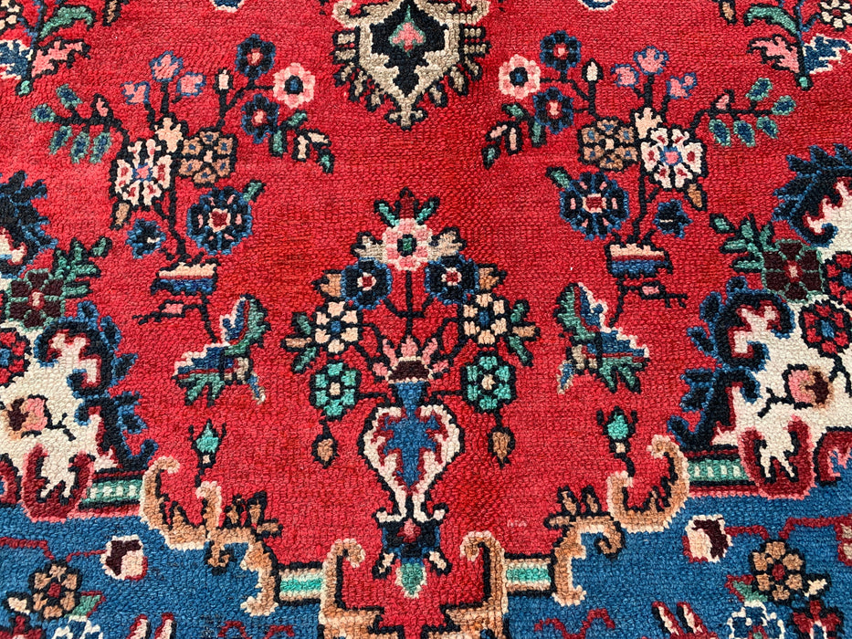 Handmade Persian Wool Area Rug 7x10 - Red Floral Medallion Persian Style Rug with Blue Border - Exact Size 9'11" x 7'0" - KBHM-841