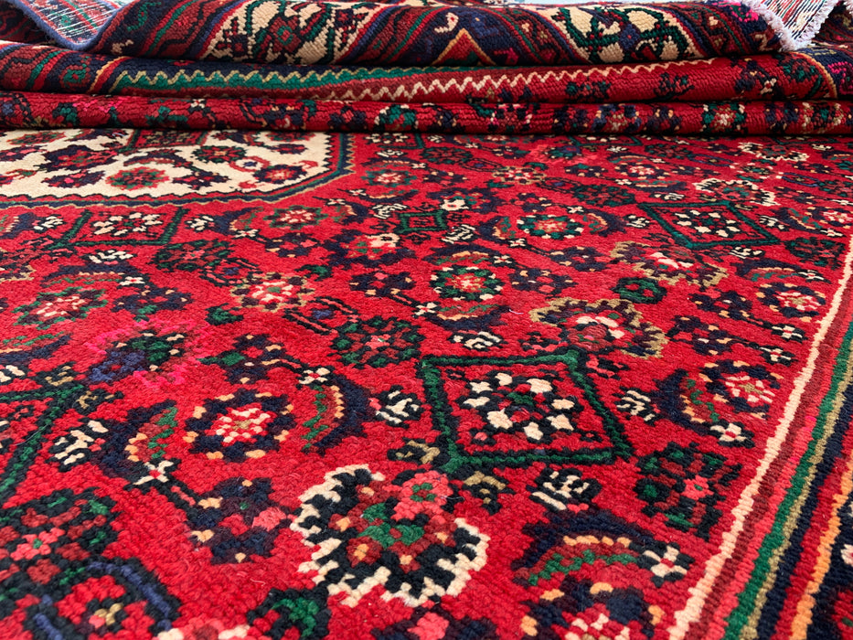 Handmade Persian Wool Area Rug 7x10 - Red Geometric Medallion Persian Style Rug with Ivory Border - Exact Size 9'10" x 6'8" - KBHM-843
