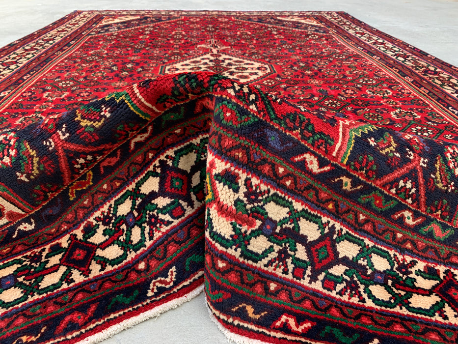 Handmade Persian Wool Area Rug 7x10 - Red Geometric Medallion Persian Style Rug with Ivory Border - Exact Size 9'10" x 6'8" - KBHM-843