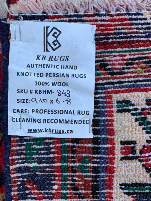 Handmade Persian Wool Area Rug 7x10 - Red Geometric Medallion Persian Style Rug with Ivory Border - Exact Size 9'10" x 6'8" - KBHM-843