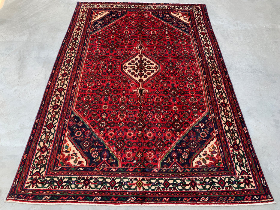 Handmade Persian Wool Area Rug 7x10 - Red Geometric Medallion Persian Style Rug with Ivory Border - Exact Size 9'10" x 6'8" - KBHM-843