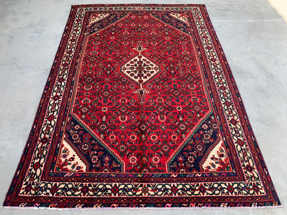 Handmade Persian Wool Area Rug 7x10 - Red Geometric Medallion Persian Style Rug with Ivory Border - Exact Size 9'10" x 6'8" - KBHM-843