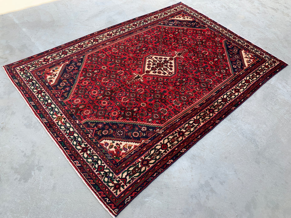 Handmade Persian Wool Area Rug 7x10 - Red Geometric Medallion Persian Style Rug with Ivory Border - Exact Size 9'10" x 6'8" - KBHM-843